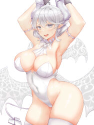 Rule 34 | 1girl, absurdres, armpits, arms up, breasts, cleavage, cowboy shot, demon girl, demon horns, demon wings, duel monster, grey eyes, highres, horns, large breasts, lovely labrynth of the silver castle, low wings, multiple wings, pointy ears, transparent wings, uki (kiw kiu), white background, white horns, wings, yu-gi-oh!