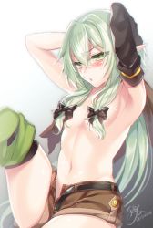Rule 34 | 10s, 1girl, armpits, arms up, belt, blush, breasts, elf, goblin slayer!, hair between eyes, hair censor, hair over breasts, half-closed eyes, hat, high elf archer (goblin slayer!), navel, open fly, open mouth, pointy ears, sanom, shorts, sitting, small breasts, solo, top hat