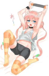 Rule 34 | 1girl, animal ear fluff, animal ears, armpits, bad id, bad pixiv id, bike shorts, blue eyes, blush, breasts, cat ears, cat tail, crotch seam, fang, hair bobbles, hair ornament, hands up, highres, hinata channel, long hair, looking at viewer, loose clothes, loose shirt, low-tied long hair, low twintails, lying, navel, nekomiya hinata, nintendo switch, no bra, open mouth, orange thighhighs, pink hair, shirt, simple background, small breasts, solo, striped clothes, striped thighhighs, suisogenshi, tail, thighhighs, twintails, very long hair, virtual youtuber, white background, white shirt, wristband
