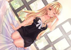 Rule 34 | 1girl, alternate hairstyle, ankle socks, ao no kanata no four rhythm, babycado, bare arms, bare shoulders, bed sheet, black nightgown, black ribbon, blonde hair, bow, breasts, brown eyes, cleavage, collarbone, commission, highres, long hair, looking at viewer, nightgown, one eye closed, open mouth, ribbon, rubbing eyes, satouin reiko, sitting, sleepy, socks, wariza, white socks, window, yawning