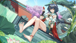 1girl absurdres bare_legs bare_shoulders barefoot black_gloves black_hair blue_sky commentary czk day detached_sleeves fingerless_gloves food gloves highres holding holding_food honkai:_star_rail honkai_(series) long_hair looking_at_viewer outdoors short_sleeves sitting sky smile solo spread_toes toes yellow_eyes yunli_(honkai:_star_rail)