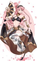 Rule 34 | 1girl, bad id, bad twitter id, bare shoulders, blush, braid, breasts, fire emblem, fire emblem awakening, fire emblem heroes, full body, gloves, hairband, highres, long hair, looking at viewer, navel, nintendo, official alternate costume, olivia (fire emblem), pink hair, ponytail, side braid, smile, solo, twin braids