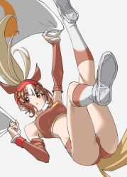 Rule 34 | 1girl, :o, animal ears, bare legs, bare shoulders, blonde hair, blush, breasts, bridle, brown buruma, brown eyes, brown hair, brown sleeves, brown socks, brown sports bra, buruma, chestnut thoroughbred (kemono friends), commentary, crop top, detached sleeves, extra ears, hair between eyes, headgear, highres, horizontal pupils, horse ears, horse girl, horse tail, kemono friends, knee up, kneehighs, leg up, medium breasts, midriff, multicolored hair, o-ring, open mouth, ponytail, shoe soles, shoes, sidelocks, sneakers, socks, solo, sports bra, sportswear, tail, tanabe (fueisei), thighs, two-tone socks, white footwear, white hair, white socks