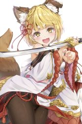 Rule 34 | 1girl, absurdres, animal ears, bare shoulders, black pantyhose, blonde hair, blunt bangs, blush, braid, cowboy shot, detached sleeves, dog ears, erune, granblue fantasy, hair ornament, highres, holding, holding sword, holding weapon, hyouta (yoneya), japanese clothes, katana, looking at viewer, open mouth, pantyhose, short hair, solo, sword, tail, vajra (granblue fantasy), weapon, white background