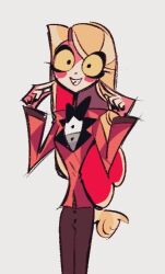 Rule 34 | 1girl, black bow, black nails, blonde hair, bow, charlie morningstar, demon girl, hazbin hotel, head tilt, jacket, long hair, long sleeves, looking at viewer, non-web source, shirt, simple background, smile, solo, source request, standing, white background, white shirt
