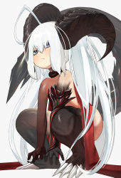Rule 34 | 1girl, ahoge, bare shoulders, blue eyes, blush, dragon girl, enlightenment (keimontinus), fang, fang out, highres, hikimayu, horns, long hair, looking at viewer, nude, original, solo, squatting, tail, very long hair, white hair