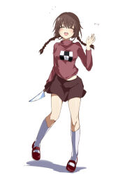 Rule 34 | 1girl, blush, braid, breasts, brown hair, brown skirt, closed eyes, commentary request, full body, hair between eyes, hand up, highres, holding, holding knife, knife, long hair, long sleeves, madotsuki, medium breasts, miniskirt, open mouth, pink sweater, red footwear, shadow, shoes, simple background, skirt, smile, socks, solo, standing, sweater, teeth, tongue, turtleneck, turtleneck sweater, twin braids, white background, white socks, yahoomessage, yume nikki