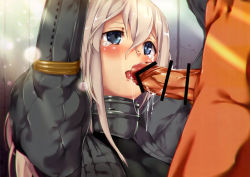 Rule 34 | 10s, 1boy, 1girl, absurdres, arms up, bar censor, blue eyes, blush, censored, clothed female nude male, cropped jacket, erection, fellatio, hair between eyes, hetero, highres, juliet sleeves, kantai collection, long hair, long sleeves, military, military uniform, nude, oral, penis, puffy sleeves, saliva, satou daiji, solo focus, tearing up, tears, u-511 (kancolle), uniform, upper body, white hair