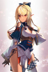 Rule 34 | black gloves, blonde hair, blush, bow, breasts, cleavage, cleavage cutout, closed mouth, clothing cutout, contrapposto, dark-skinned female, dark skin, elf, gloves, hair bow, hair ribbon, half updo, hand on breast, high collar, high ponytail, highres, hololive, japanese clothes, long hair, long sleeves, medium breasts, multicolored hair, pelvic curtain, pointy ears, ponytail, red eyes, ribbon, shiranui flare, shiranui flare (old design), shoulder cutout, side-tie bottom, sidelocks, single thighhigh, smile, solo, sooon, streaked hair, thighhighs, virtual youtuber, wide sleeves
