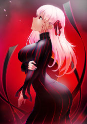 Rule 34 | 1girl, arm under breasts, black dress, breasts, closed mouth, cowboy shot, dark sakura, dress, empty eyes, expressionless, fate/stay night, fate (series), from side, gradient background, hair ribbon, hand on own arm, heaven&#039;s feel, highres, large breasts, leaning forward, long hair, long sleeves, looking away, looking up, matou sakura, petals, profile, red background, red eyes, red ribbon, ribbon, silver hair, solo, striped clothes, striped dress, vertical-striped clothes, vertical-striped dress, xiaodi