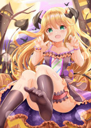 Rule 34 | 1girl, ass, bare shoulders, black camisole, black skirt, black socks, black wings, blonde hair, breasts, camisole, claw pose, commentary request, demon girl, demon tail, demon wings, frilled skirt, frills, fujisawa yuzu, full moon, green eyes, hair between eyes, hands up, head wings, highres, long hair, medium breasts, moon, night, night sky, no shoes, ongeki, outdoors, skirt, sky, socks, soles, solo, tail, tower, two side up, very long hair, wings, xenon (for achieve)