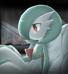 Rule 34 | 1girl, bob cut, building, closed mouth, colored skin, creatures (company), curtains, expressionless, female focus, flat chest, from side, game freak, gardevoir, gen 3 pokemon, green hair, green skin, indoors, lotosu, multicolored skin, night, nintendo, pillow, pokemon, pokemon (creature), profile, red eyes, short hair, sitting, skyscraper, solo, two-tone skin, white skin, window