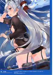 Rule 34 | 1girl, :o, absurdres, amatsukaze (kancolle), arm up, ass, bird, black headwear, black panties, blouse, blue sky, blush, breasts, brown eyes, brown shirt, candy, cloud, cowboy shot, day, dutch angle, empty eyes, food, from behind, garter straps, gloves, hair tubes, hairband, hand in own hair, hat, highres, kantai collection, kou mashiro, light rays, long hair, long sleeves, looking back, machinery, mini hat, o o, ocean, open mouth, outdoors, panties, rensouhou-kun, robot, sailor collar, scan, school uniform, serafuku, shirt, side-tie panties, silver hair, single glove, sky, small breasts, solo, striped clothes, striped thighhighs, tareme, teardrop, tears, thigh strap, thighhighs, thighs, torn clothes, torn shirt, turret, two side up, underwear, very long hair, wading, water, white gloves