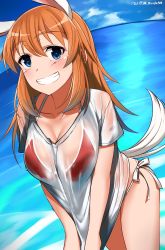 Rule 34 | 1girl, absurdres, animal ears, artist name, bikini, blue eyes, blush, breasts, charlotte e. yeager, cleavage, collarbone, grin, highres, hiroshi (hunter-of-kct), long hair, looking at viewer, ocean, orange hair, outdoors, rabbit ears, rabbit girl, rabbit tail, red bikini, see-through, shiny skin, shirt, side-tie bikini bottom, sky, smile, solo, strike witches, swimsuit, tail, wet, wet clothes, wet shirt, white shirt, world witches series