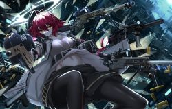 Rule 34 | 1girl, absurdres, arknights, assault rifle, black gloves, black pantyhose, black skirt, bolt action, breasts, bullet, cityscape, closed mouth, commentary, english commentary, exusiai (arknights), falling, feet out of frame, fingerless gloves, glock, gloves, grey shirt, groin, gun, halo, handgun, highres, holding, holding gun, holding weapon, hood, hooded jacket, jacket, looking at viewer, medium breasts, midriff, navel, night, open clothes, open jacket, pantyhose, pistol, pouch, red eyes, red hair, rifle, scope, serious, shell casing, shirt, short hair, skirt, sniper rifle, solo, submachine gun, tokyo (1421), weapon, white jacket