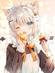 Rule 34 | 1girl, absurdres, animal ear fluff, animal ears, apron, black dress, blue eyes, blush, bow, candy, cat ears, cat girl, cat tail, collared dress, commentary request, dress, facial mark, fang, food, hair between eyes, hair ornament, hairclip, halloween, hands up, highres, holding, holding candy, holding food, holding lollipop, jack-o&#039;-lantern, jack-o&#039;-lantern hair ornament, lollipop, long sleeves, looking at viewer, maid, maid headdress, one eye closed, open mouth, orange bow, original, rucaco, signature, silver hair, solo, tail, tail raised, upper body, white apron