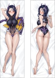 Rule 34 | 1girl, all fours, armpits, arms up, ass, bare hips, bare legs, bare shoulders, barefoot, bed sheet, black hair, black leotard, blush, breasts, capelet, capelet removed, clothing cutout, covered navel, curvy, cutout above navel, dakimakura (medium), feet, from above, goddess of victory: nikke, groin, headgear, heart, heart-shaped pupils, highres, isabel (nikke), large breasts, leotard, long hair, looking at viewer, looking back, lying, official art, on back, on bed, parted bangs, parted lips, purple capelet, red eyes, sexually suggestive, smile, solo, symbol-shaped pupils, thighs, thighs together, tongue, tongue out