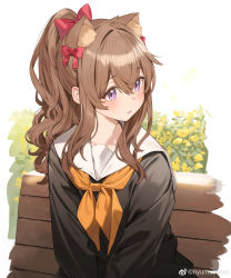 Rule 34 | 1girl, animal ear fluff, animal ears, black shirt, blush, bow, brown hair, commentary, english commentary, extra ears, hair between eyes, hair bow, highres, long hair, looking at viewer, looking away, looking to the side, neckerchief, nyum, on bench, open mouth, original, parted lips, purple eyes, red bow, sailor collar, shirt, sidelocks, solo, upper body, weibo logo, weibo watermark, white sailor collar, yellow neckerchief
