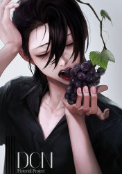 Rule 34 | 1boy, adjusting hair, black hair, black shirt, collarbone, collared shirt, commentary, copyright request, duckchuni, eating, english text, eyelashes, fingernails, food, fruit, grapes, grey background, hair between eyes, half-closed eyes, hand on own head, hands up, highres, holding, holding food, holding fruit, leaf, looking at food, looking at hand, looking away, looking down, male focus, open mouth, plant, shirt, short hair, solo, symbol-only commentary, tongue, tongue out, upper body, v-neck, vines