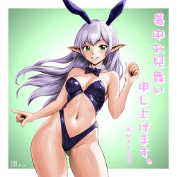 Rule 34 | 1girl, 2023, animal ears, bow, bowtie, breasts, cowboy shot, dated, detached collar, double-parted bangs, elf, fake animal ears, fingernails, floating hair, green eyes, grin, hand up, highres, legs apart, leotard, light purple hair, long hair, medium breasts, midriff, minamoto80486, navel, o-ring, playboy bunny, pointy ears, purple bow, purple bowtie, rabbit ears, smile, solo, standing, teeth, thighs, translation request, wizardry