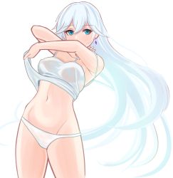 Rule 34 | 1girl, aircell, blouse, blue eyes, breasts, cecilia schariac, earrings, hair between eyes, highres, honkai (series), honkai impact 3rd, jewelry, long hair, looking at viewer, navel, nipples, panties, see-through, see-through shirt, shirt, simple background, solo, underwear, undressing, wet, wet clothes, white background, white panties, white shirt