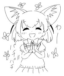 Rule 34 | 1girl, :d, ^ ^, animal ear fluff, animal ears, blush, bow, clapping, closed eyes, dot nose, extra ears, facing viewer, fennec (kemono friends), flower, fox ears, gloves, greyscale, hands up, happy, kemono friends, monochrome, motion lines, open mouth, panzuban, pleated skirt, puffy short sleeves, puffy sleeves, scarf, short hair, short sleeves, simple background, sketch, skirt, smile, solo, sound effects, sweater, upper body, |d
