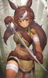 Rule 34 | 1girl, abs, animal ears, bandaged arm, bandaged leg, bandages, bike shorts, breasts, brown eyes, brown fur, brown gloves, brown hair, brown shirt, brown skirt, closed mouth, commission, day, falling leaves, forest, gloves, highres, holding, holding sword, holding weapon, horse ears, horse girl, horse tail, indie virtual youtuber, large breasts, leaf, looking at viewer, medium hair, multicolored hair, nature, outdoors, pleated skirt, second-party source, shirt, skeb commission, skirt, sleeveless, smile, solo, sword, tail, takeno (hashi falcon), tomoe umari, tree, virtual youtuber, weapon, white hair