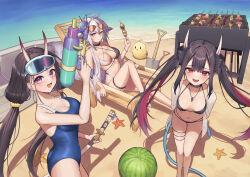 Rule 34 | 3girls, akashiro yulice, alternate costume, ass, aviator sunglasses, azur lane, beach, bikini, black bikini, black choker, black hair, blue one-piece swimsuit, breasts, brown hair, butt crack, choker, cleavage, cowboy shot, criss-cross halter, day, diving mask, diving mask on head, feet out of frame, food, fox mask, fruit, full body, goggles, goggles on head, grey hair, halterneck, hatsuzuki (august&#039;s first romance) (azur lane), hatsuzuki (azur lane), highleg, highleg bikini, highres, holding, holding hose, holding sword, holding water gun, holding weapon, horns, hose, large breasts, long hair, looking at viewer, manjuu (azur lane), mask, mask on head, multi-strapped bikini bottom, multicolored hair, multiple girls, noshiro (azur lane), official alternate costume, one-piece swimsuit, oni horns, outdoors, red eyes, sheath, sheathed, shovel, sitting, small breasts, standing, streaked hair, summer, sunglasses, swimsuit, sword, tosa (azur lane), tosa (hometown zest) (azur lane), twintails, two-tone bikini, two-tone hair, very long hair, water gun, watermelon, weapon