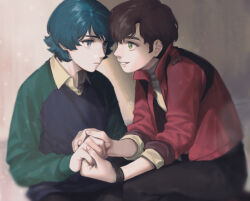 Rule 34 | 2boys, artist logo, blue eyes, blue hair, blue sweater, brown hair, closed mouth, collared shirt, expressionless, eye contact, green eyes, green sleeves, grey background, grin, gundam, gundam zz, hair behind ear, high collar, holding hands, jacket, judau ashta, kamille bidan, light particles, long sleeves, looking at another, male focus, multiple boys, open clothes, open collar, open jacket, raglan sleeves, red jacket, shirt, short hair, simple background, sitting, smile, sunlight, sweater, thick eyebrows, ususio 11, wristband, yellow shirt
