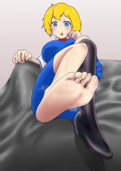 Rule 34 | 1girl, absurdres, alice margatroid, barefoot, blonde hair, blue eyes, blush, boots, breasts, feet, foot focus, highres, large breasts, looking at viewer, oirin, parted lips, pov, shoes, unworn shoes, single shoe, soles, steam, toes, touhou, web (cookie)
