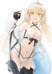 1girl absurdres ahoge artoria_caster_(fate) artoria_caster_(swimsuit)_(fate) artoria_caster_(swimsuit)_(first_ascension)_(fate) artoria_pendragon_(fate) bare_shoulders bikini black_ribbon blonde_hair blush breasts fate/grand_order fate_(series) green_eyes highres long_hair long_sleeves looking_at_viewer nyaa_kitsune open_mouth pants ribbon small_breasts swimsuit twintails white_background