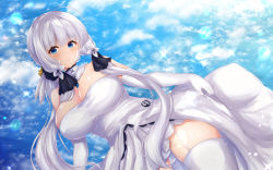 Rule 34 | 1girl, absurdres, arashiki mamizu, azur lane, bare shoulders, blue eyes, blue sky, breasts, cleavage, cloud, detached collar, dress, dutch angle, elbow gloves, from below, garter straps, gloves, hair ribbon, highres, huge breasts, huge filesize, illustrious (azur lane), large breasts, long hair, looking at viewer, ribbon, shiny skin, sky, sleeveless, sleeveless dress, smile, solo, strapless, strapless dress, thighhighs, tress ribbon, tri tails, white dress, white gloves, white hair, white thighhighs
