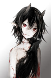 Rule 34 | 1girl, black hair, blood, blood from mouth, demon horns, ear tag, female focus, gradient background, grin, hasunokaeru, head tilt, highres, horns, injury, looking at viewer, medium hair, messy hair, original, pale skin, pointy ears, red eyes, scratches, smile, solo, torn clothes