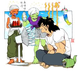 Rule 34 | &gt; &lt;, +++, 1girl, 2boys, :d, ^ ^, alien, bah (dragon ball), bandana, bare legs, barefoot, black hair, blouse, blue sky, blush, bottle, broly (dragon ball super), cheelai, closed eyes, cloud, cloudy sky, colored skin, commentary request, crossed legs, day, dragon ball, dragon ball super, dragon ball super broly, electric fan, closed eyes, fanning face, food, fruit, full body, gloves, green pants, green skin, grey shorts, hand fan, hand on another&#039;s head, highres, holding, holding bottle, holding tray, leaning, lemo (dragon ball), midriff, multiple boys, objectification, open mouth, orange skin, pants, profile, purple shirt, sakaikurinea, shirt, short hair, shorts, simple background, sitting, sky, sleeveless, sleeveless shirt, smile, standing, streamers, summer, sweat, sweatdrop, sweatpants, teeth, tied shirt, tongue, translation request, tray, water bottle, watermelon, white background, white hair, white shirt, wind chime