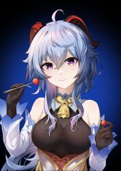 Rule 34 | 1girl, absurdres, ahoge, bell, black gloves, blue background, blue hair, bodystocking, breasts, detached sleeves, food, ganyu (genshin impact), genshin impact, gloves, hair between eyes, halfmoe, highres, holding, holding food, horns, large breasts, light smile, long hair, long sleeves, looking at viewer, neck bell, parted lips, pink eyes, solo, vignetting