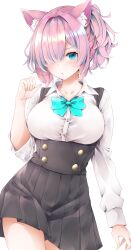 Rule 34 | 1girl, absurdres, amepon, animal ear fluff, animal ears, aqua bow, black dress, blue eyes, blush, bow, breasts, collared shirt, dress, hair intakes, hair over one eye, hand up, highres, large breasts, long sleeves, original, parted lips, pink hair, pleated dress, shirt, shirt tucked in, sidelocks, simple background, sleeve rolled up, solo, white background, white shirt