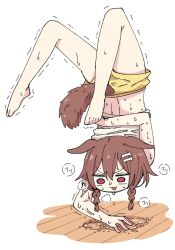 Rule 34 | 1girl, :3, animal ears, arm behind back, balancing, bone hair ornament, braid, brown hair, brown tail, clothing cutout, deformed, dog ears, dog girl, dog tail, full scorpion, furrowed brow, hair between eyes, hair ornament, handstand, heavy breathing, highres, hololive, inugami korone, jitome, kai (makkai), looking ahead, low-tied medium hair, low twin braids, medium hair, midriff, nervous sweating, one arm handstand, open mouth, red eyes, shirt, shorts, sidelocks, simple background, solo, sound effect request, sweat, tail, tail through clothes, trembling, twin braids, veins, virtual youtuber, white background, white shirt, wooden floor, yellow shorts