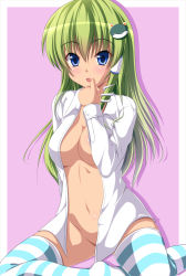 Rule 34 | 1girl, bad id, bad pixiv id, blush, bottomless, breasts, cleavage, female focus, green eyes, green hair, hair ornament, highres, kochiya sanae, matching hair/eyes, medium breasts, no bra, open clothes, open mouth, open shirt, runa7, shadow, shirt, sitting, skindentation, solo, striped clothes, striped thighhighs, thighhighs, touhou