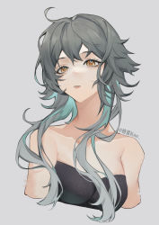Rule 34 | 1girl, absurdres, ahoge, artist name, bare shoulders, blue hair, collarbone, commentary, cropped torso, graykn, grey background, grey hair, highres, long hair, looking at viewer, multicolored hair, orange eyes, orange pupils, original, parted lips, simple background, solo, strapless, streaked hair, upper body