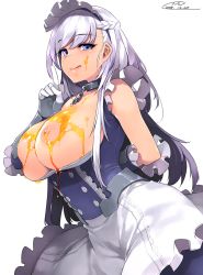 Rule 34 | 1girl, :q, apron, arm behind back, azur lane, bare shoulders, belfast (azur lane), blue dress, blue eyes, blush, braid, breasts, breasts out, buttons, chain, clothes pull, collar, collarbone, commentary request, corset, dated, dress, dress pull, french braid, frilled apron, frilled gloves, frills, gauntlets, gloves, happa (cloverppd), honey, index finger raised, large breasts, leaning forward, long hair, looking at viewer, maid, maid apron, maid headdress, nipples, signature, simple background, smile, solo, swept bangs, tongue, tongue out, underbust, white apron, white background, white gloves, white hair