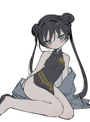 Rule 34 | 1girl, black dress, black hair, blue archive, blush stickers, china dress, chinese clothes, double bun, dress, grey eyes, grey jacket, hair bun, highres, jacket, unworn jacket, kisaki (blue archive), kokaki mumose, long hair, looking at viewer, sitting, solo, twintails