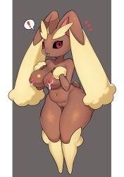 Rule 34 | !, 1girl, :3, absurdres, animal nose, black sclera, body fur, breasts, bugita, cleft of venus, collarbone, colored sclera, completely nude, creatures (company), female focus, full body, furry, furry female, game freak, gen 4 pokemon, grey background, groin, hands on own chest, hands up, highres, lactation, large breasts, long ears, looking at viewer, lopunny, navel, nintendo, nipples, notice lines, nude, open mouth, outside border, pillarboxed, pokemon, pokemon (creature), pussy, rabbit ears, rabbit girl, rabbit tail, red eyes, simple background, solo, speech bubble, spoken exclamation mark, standing, stomach, teeth, thick thighs, thighs, two-tone fur, uncensored, wide hips