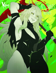 Rule 34 | 1girl, arm up, artist name, bandaged arm, bandages, barbariccia, black leotard, breasts, cleavage cutout, clothing cutout, colored sclera, english text, final fantasy, final fantasy xiv, green hair, green lips, green sclera, halloween, halo, highres, holding, holding scythe, koyorin, large breasts, leotard, long hair, looking at viewer, scythe, solo, very long hair, yellow eyes