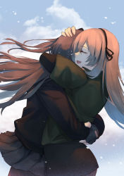 Rule 34 | 2girls, absurdres, brown hair, cloud, commentary, covered face, cowboy shot, crying, english commentary, eyebrows, closed eyes, eyes visible through hair, fingerless gloves, fingernails, flying teardrops, girls&#039; frontline, gloves, grey hair, hairband, head hug, highres, hug, ina (inadiary), jacket, long hair, multiple girls, pantyhose, pleated skirt, simple background, skirt, sky, smile, snow, teardrop, tears, ump40 (girls&#039; frontline), ump45 (girls&#039; frontline)