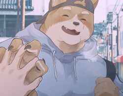 Rule 34 | 1boy, animal ears, backwards hat, bag, bara, blue hoodie, blush, close-up, closed eyes, commentary request, dog boy, dog ears, furry, furry male, hat, highres, holding hands, hood, hoodie, interlocked fingers, male focus, open mouth, orange fur, orange hair, original, osukemo apartment (sawch cls), outdoors, photo background, sawch cls, school bag, shiotani hisashi (sawch cls), short hair, solo, thick eyebrows, two-tone fur, white fur