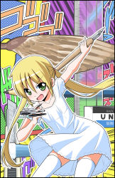 Rule 34 | 1girl, blonde hair, blush, boxcutter, commentary request, dress, eraser, green eyes, hair between eyes, hata kenjirou, hayate no gotoku!, highres, holding, holding pen, long hair, looking at viewer, official art, open mouth, pen, pencil, sanzen&#039;in nagi, solo, sound effects, standing, stationery, thighhighs, twintails, very long hair, white dress, white thighhighs, zettai ryouiki