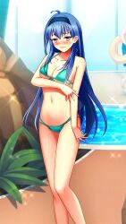 Rule 34 | 1girl, ahoge, aqua bikini, bare arms, bare legs, bikini, blue hair, blue hairband, blush, breasts, cleavage, closed mouth, collarbone, doukyuusei another world, embarrassed, feet out of frame, floating hair, front-tie bikini top, front-tie top, game cg, hairband, kakyuusei 2, long hair, looking at viewer, medium breasts, multi-strapped bikini bottom, navel, official art, orange eyes, outdoors, shiny skin, sideboob, solo, sparkle, standing, swimsuit, takatoo nanase, underboob, very long hair, wavy mouth
