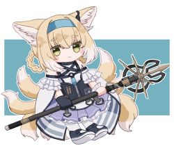 Rule 34 | 1girl, absurdres, animal ear fluff, animal ears, arknights, bare shoulders, black footwear, black gloves, blouse, blue background, blue hairband, braid, braided hair rings, chibi, closed mouth, fox ears, fox girl, fox tail, full body, gloves, hair between eyes, hair rings, hairband, highres, holding, infection monitor (arknights), kitsune, kyuubi, light brown hair, looking at viewer, material growth, multicolored hair, multiple tails, oripathy lesion (arknights), outline, pantyhose, pleated skirt, purple skirt, shirt, shoes, short eyebrows, single glove, skirt, smile, solo, someyaya, streaked hair, suzuran (arknights), tail, thick eyebrows, twin braids, two-tone background, white background, white hair, white outline, white pantyhose, white shirt