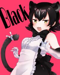 Rule 34 | 1girl, alternate color, alternate hair color, animal ears, apron, back bow, bare shoulders, black bow, black bowtie, black hair, blush, bow, bowtie, center frills, elbow gloves, extra ears, fang, frills, gloves, grey hair, hands up, highres, kemono friends, medium hair, moeki (moeki0329), multicolored hair, open mouth, peach panther (kemono friends), pink background, shirt, simple background, sleeveless, sleeveless shirt, smile, solo, tail, two-tone hair, upper body, white shirt, yellow eyes