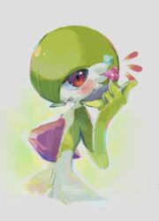 Rule 34 | 1girl, blue flower, blush, bob cut, colored skin, creatures (company), cropped torso, female focus, flat chest, flower, game freak, gardevoir, gen 3 pokemon, green hair, green skin, grey background, grey outline, hair flower, hair ornament, hair over one eye, hand up, happy, highres, kandahisaaki, looking at viewer, multicolored skin, nintendo, notice lines, oekaki, one eye covered, open mouth, pink flower, pokemon, pokemon (creature), red eyes, short hair, simple background, sketch, smile, solo, standing, two-tone skin, upper body, white skin